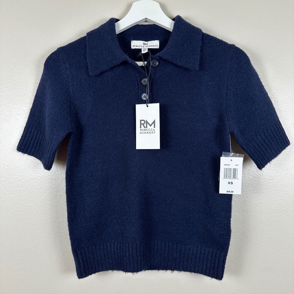 Rebecca Minkoff Women's XS Polo Sweater Navy Blue Short Sleeve Fuzzy Knit NEW